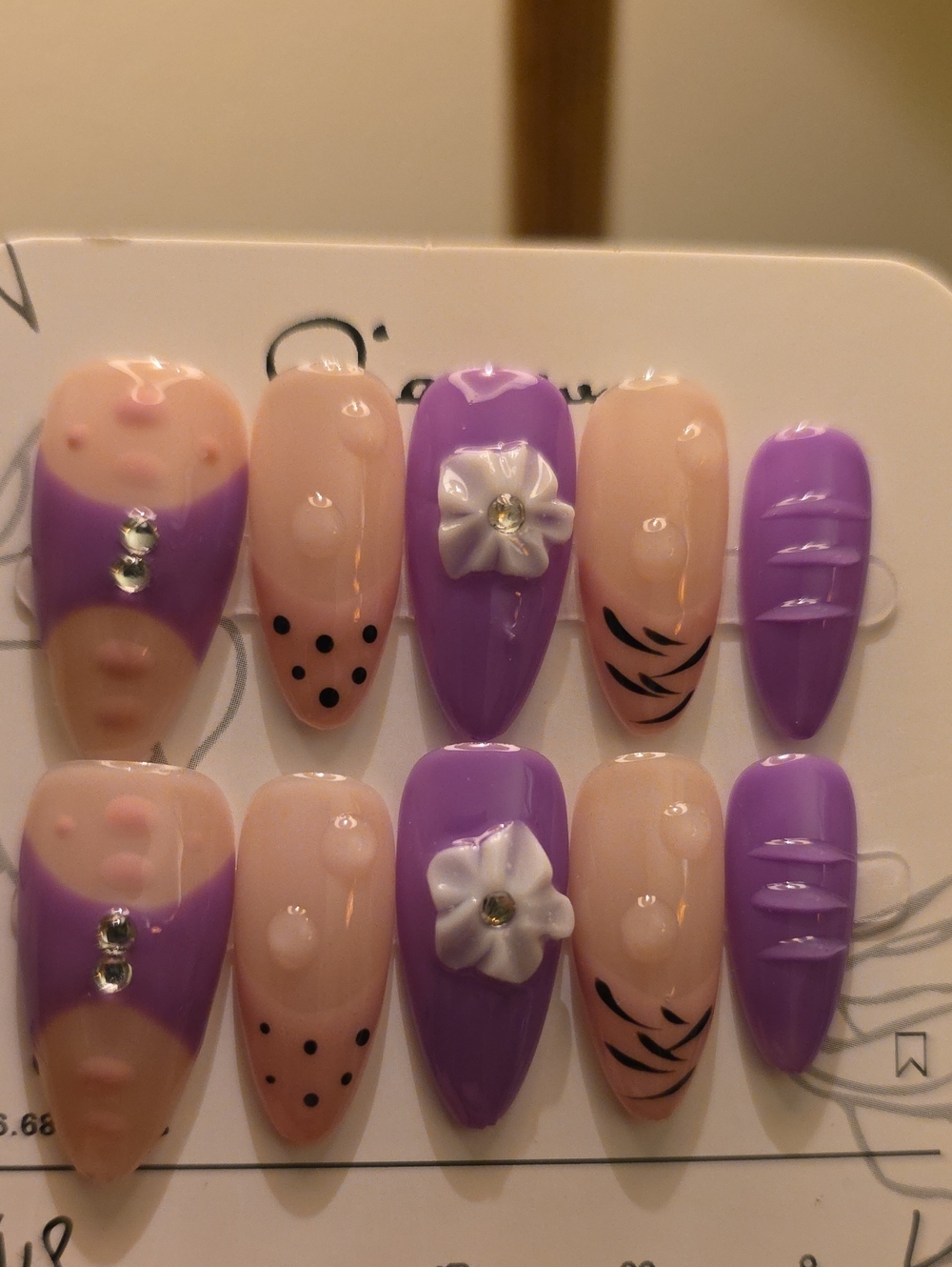 Purple & Nude Floral Acrylic Nail Set - Size Large